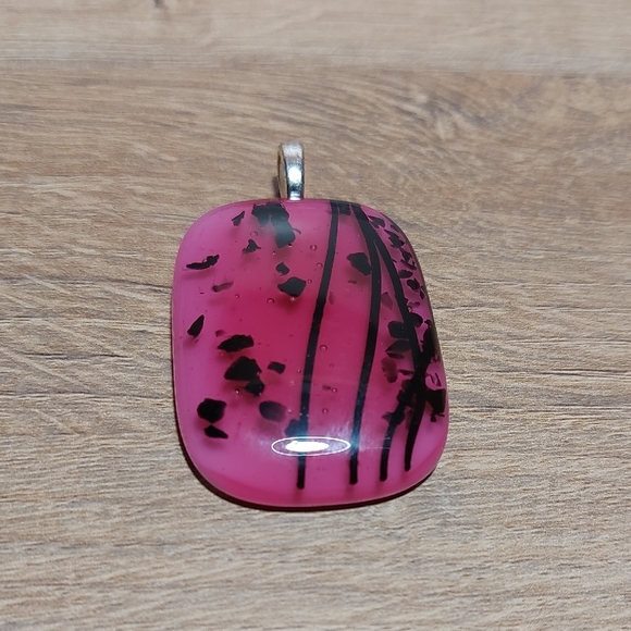 Jewelry - Pink And Black Art Glass Rectangle Pendant